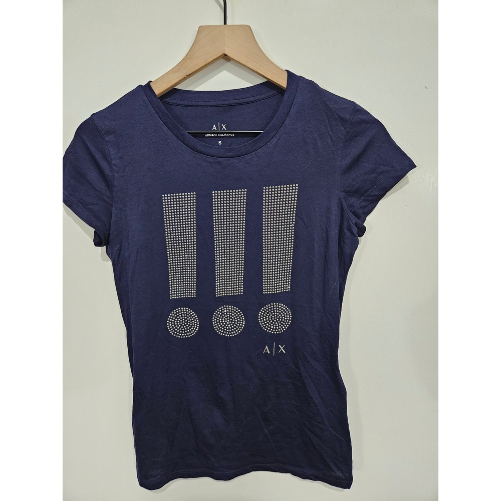 Armani Exchange Womens Navy Blue Studded Exclamation Point Graphic T-Shirt S Y2k